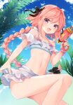  1boy absurdres astolfo_(fate) bare_shoulders bikini braid braided_ponytail bulge collarbone eyebrows_visible_through_hair eyes_visible_through_hair fate/apocrypha fate_(series) gomano_rio hair_between_eyes highlights highres long_hair looking_at_viewer male_focus midriff multicolored_hair navel open_mouth pink_hair purple_eyes simple_background solo swimsuit two-tone_hair water_gun white_hair 