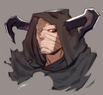  1boy bandaged_head bandages cloak cropped_shoulders draph granblue_fantasy harada_(basashi) hood hooded_cloak horns looking_at_viewer male_focus one_eye_covered portrait red_eyes solo vaseraga 