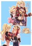  2girls absurdres armor bangs blonde_hair blue_eyes blush braid breasts brown_eyes cleavage djeeta_(granblue_fantasy) dress eyebrows_visible_through_hair gloves granblue_fantasy hair_intakes hair_ornament hairband highres large_breasts long_hair medium_breasts multiple_girls navel open_mouth short_hair simple_background smile soruna_(nell) thighhighs twintails yuri zeta_(granblue_fantasy) 