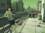  1girl air_conditioner billboard black_hair brown_hair building camisole can cityscape commentary holding kensight328 leaning_on_rail original outdoors pipes railing scenery short_shorts shorts slippers solo 