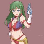  1girl arm_up bikini blue_eyes breasts cleavage copyright_name energy_gun gloves green_hair hand_on_hip holster long_hair maruto! navel open_mouth red_bikini reika_(time_gal) simple_background smile solo swimsuit time_gal upper_body weapon white_gloves 