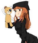 1girl :q bandages bangs black_blouse black_headwear black_pants blouse blunt_bangs boko_(girls_und_panzer) closed_mouth commentary eyebrows_visible_through_hair girls_und_panzer hair_up holding holding_stuffed_toy kayabakoro leaning_forward long_hair looking_at_viewer orange_eyes orange_hair pants ponytail simple_background smile solo standing stuffed_animal stuffed_toy takebe_saori teddy_bear tongue tongue_out white_background 