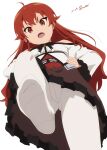  1girl baba_arumi bare_shoulders eris_greyrat feet foot_focus from_below hands_on_hips long_hair looking_at_viewer mushoku_tensei open_mouth pantyhose red_eyes red_hair simple_background soles solo teeth white_background white_legwear 