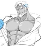  1boy abs aegir_(tokyo_houkago_summoners) anchor_earrings bara bare_pecs beard blue_eyes blue_theme earrings eyewear_on_head facial_hair fins harada_(basashi) jewelry large_pectorals male_focus mature_male multicolored_hair muscular muscular_male navel nipples open_clothes open_shirt short_hair single_earring sketch smile smug solo spot_color stomach streaked_hair tokyo_houkago_summoners upper_body 