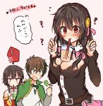  1boy 2girls :d ? absurdres anger_vein annoyed baguette bangs belt belt_buckle black_choker black_dress black_hair blush bow braid bread breast_envy breasts brown_belt brown_hair bubble_tea bubble_tea_challenge buckle buttons cape choker cleavage clenched_hand commentary confused cup disposable_cup dress drink drinking drinking_straw drinking_straw_in_mouth drooling embarrassed excited flying_sweatdrops food french_braid furrowed_eyebrows green_cape green_tea grey_shirt hair_between_eyes hair_bow hair_ornament hair_over_shoulder hand_on_another&#039;s_shoulder hands_up highres holding holding_drink jealous kono_subarashii_sekai_ni_shukufuku_wo! laces long_hair looking_ahead looking_at_another low-cut megumin multiple_girls object_on_breast off-shoulder_dress off_shoulder open_mouth pink_background pink_bow pink_ribbon raised_eyebrows red_dress red_eyes ribbon sanpaku satou_kazuma shirt short_hair short_hair_with_long_locks simple_background smile speech_bubble sweat sweatdrop tea translated upper_body white_shirt yuno_(suke_yuno) yunyun_(konosuba) 