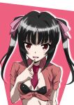  1girl absurdres black_bra black_hair blush bra breasts eyebrows_visible_through_hair finger_to_mouth hair_ornament hair_ribbon highres koyasu_kazu looking_at_viewer necktie open_mouth pink_background pink_neckwear red_eyes ribbon senki_zesshou_symphogear shiny shiny_hair simple_background small_breasts smile solo teeth tsukuyomi_shirabe twintails two-tone_background underwear upper_body upper_teeth white_background 
