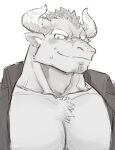  1boy animal_ears bara bare_pecs chest_hair cow_ears cow_horns facial_hair furry goatee greyscale gyumao_(tokyo_houkago_summoners) harada_(basashi) horns large_pectorals looking_at_viewer male_focus mature_male minotaur mohawk monochrome muscular muscular_male open_clothes open_shirt portrait short_hair smile solo sweatdrop tokyo_houkago_summoners 