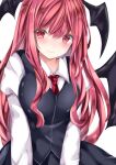  1girl bangs bat_wings black_skirt black_vest blush breasts closed_mouth collared_shirt commentary_request eyebrows_visible_through_hair hair_between_eyes head_wings highres juliet_sleeves koakuma long_hair long_sleeves looking_at_viewer medium_breasts nanase_nao necktie puffy_sleeves red_eyes red_hair red_neckwear shirt simple_background skirt smile solo touhou upper_body very_long_hair vest white_background white_shirt wing_collar wings 