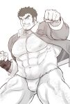  1boy abs bara bare_pecs bulge chest_hair clenched_hands cowboy_shot facial_hair forked_eyebrows fundoshi greyscale grin hairy harada_(basashi) jacket japanese_clothes kengo_(tokyo_houkago_summoners) large_pectorals leg_hair long_sideburns looking_at_viewer male_focus mature_male monochrome muscular muscular_male navel nipples no_pants open_clothes open_jacket short_hair sideburns smile solo stomach stubble thick_thighs thighs tokyo_houkago_summoners 