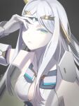  1girl aqua_eyes bangs breasts chigemisoneki cleavage closed_mouth colored_skin cracked_skin expressionless fate/grand_order fate_(series) galatea_(fate) highres long_hair looking_at_viewer medium_breasts parted_bangs simple_background solo tiara upper_body white_hair white_skin 