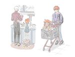  1girl 2boys ahoge apron archer backpack bag brown_eyes cczyjs dishwashing emiya_shirou fate/grand_order fate/stay_night fate_(series) fujimaru_ritsuka_(female) height_difference hood hoodie multiple_boys orange_hair scrunchie shopping_cart side_ponytail simple_background slippers standing stool white_background white_hair younger 