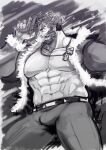  1boy abs bara bare_pecs beard bulge ded_(tokyo_houkago_summoners) facial_hair from_side fur-trimmed_jacket fur_trim greyscale grin gun harada_(basashi) holding holding_gun holding_weapon jacket large_pectorals looking_to_the_side male_focus mature_male monochrome muscular muscular_male navel nipples official_alternate_costume open_clothes open_jacket pants santa_costume short_hair sketch smile solo stomach thick_thighs thighs tight tight_pants tokyo_houkago_summoners weapon weapon_request 
