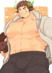  1boy abs alternate_pectoral_size alternate_skin_color animal_ears bara bare_pecs black_pants brown_eyes brown_hair bulge casual cow_boy cow_ears cow_horns cowboy_shot facial_hair forked_eyebrows goatee harada_(basashi) holding holding_stuffed_toy hood hooded_jacket horns jacket large_pectorals looking_at_viewer male_focus muscular muscular_male navel nipples official_alternate_costume open_clothes open_jacket pants short_hair sideburns smile solo spiked_hair stomach stuffed_animal stuffed_toy thick_eyebrows thick_thighs thighs tokyo_houkago_summoners track_pants wakan_tanka white_jacket 