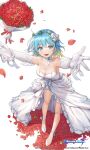  1girl ahoge aqua_eyes bare_shoulders bouquet breasts bride character_request cleavage commentary_request dress elbow_gloves flower gloves gradient_hair hair_flower hair_ornament high_heels highres looking_at_viewer multicolored_hair open_mouth petals piyo_(pixiv_2308057) rose rose_petals short_hair soccer_spirits standing white_background white_dress white_footwear white_gloves 