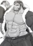  1boy abs bara bare_pecs beard bulge christmas cigar cowboy_shot ded_(tokyo_houkago_summoners) facial_hair forked_eyebrows fur-trimmed_jacket fur_trim harada_(basashi) jacket large_pectorals looking_at_viewer male_focus mature_male muscular muscular_male navel nipples official_alternate_costume open_clothes open_jacket pants santa_costume short_hair solo stomach thick_thighs thighs tight tight_pants tokyo_houkago_summoners 
