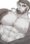  1boy abs bara bare_pecs beard bulge dutch_angle eyebrow_cut facial_hair flaming_eye greyscale harada_(basashi) hephaestus_(tokyo_houkago_summoners) large_pectorals looking_to_the_side male_focus mature_male monochrome muscular muscular_male navel nipples open_clothes open_shirt scar scar_on_chest short_hair sideburns solo stomach thick_eyebrows tokyo_houkago_summoners 