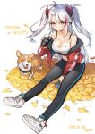  1girl animal azur_lane bare_shoulders breasts cleavage dog headgear highres jacket large_breasts leaf long_hair looking_at_viewer open_clothes open_jacket parted_lips piyo_(pixiv_2308057) prinz_eugen_(azur_lane) silver_hair sitting sportswear sweatdrop two_side_up yellow_eyes 
