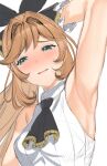  1girl aldehyde aqua_eyes arm_behind_head armpits bangs black_neckwear blonde_hair blush clarisse_(granblue_fantasy) commentary_request embarrassed eyebrows_visible_through_hair facing_viewer granblue_fantasy highres long_hair looking_to_the_side necktie nose_blush ponytail ribbed_sweater sidelocks sleeveless sleeveless_sweater solo sweater turtleneck turtleneck_sweater white_background white_sweater 