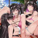  3girls absurdres bangs bare_arms bare_shoulders beach bikini black_bikini black_hair black_swimsuit breast_press breasts farys_(afopahqfw) highres large_breasts leaning_back leaning_forward long_hair luse_maonang multiple_girls open_mouth original pink_bikini pink_swimsuit small_breasts straddling sunglasses swimsuit symmetrical_docking white_bikini white_swimsuit yuuki_mama yuuki_nanase 