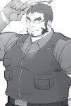  1boy bara belt facial_hair fangs forked_eyebrows glasses goatee greyscale harada_(basashi) large_pectorals long_sideburns looking_at_viewer male_focus mature_male monochrome muscular muscular_male official_alternate_costume police police_uniform short_hair sideburns solo tajikarao_(tokyo_houkago_summoners) tokyo_houkago_summoners uniform upper_body vest 