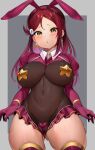  1girl :o animal_ears bodysuit boots breasts bunny_ears covered_nipples gloves hair_ornament hairclip highres large_breasts long_hair looking_at_viewer love_live! love_live!_sunshine!! navel open_mouth playboy_bunny red_bodysuit red_hair sakurauchi_riko solo tem10 thigh_boots thighhighs thighs yellow_eyes 