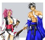  1girl ahomira baiken black_hair breasts cleavage clothes_lift fan glasses guilty_gear japanese_clothes kimono kimono_lift large_breasts mito_anji obi one-eyed open_clothes open_kimono pink_eyes pink_hair ponytail sash scar scar_across_eye sword tattoo weapon 
