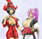  ahomira baiken black_hair breasts breasts_apart cleavage green_eyes guilty_gear hand_on_own_chest hat i-no japanese_clothes katana kimono large_breasts lipstick makeup mole mole_above_mouth multiple_girls nail_polish obi one-eyed open_clothes open_kimono pink_eyes pink_hair ponytail red_hat red_nails sash scar scar_across_eye sheath sword tattoo weapon witch_hat 