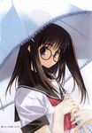  2003 absurdres bangs black-framed_eyewear black_hair blue_eyes blush dated from_side glasses grin highres holding holding_umbrella kurihara_touko long_hair looking_at_viewer looking_back nakamura_takeshi neckerchief official_art over_shoulder push!! scan scan_artifacts school_uniform serafuku shade shirt short_sleeves simple_background sleeve_cuffs smile solo tenshi_no_inai_12-gatsu umbrella upper_body white_background white_shirt 