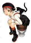  absurdres boots brown_eyes cat fang form_code full_body highres murata_renji one_eye_closed scan short_hair simple_background sitting skirt smile solo stool suspender_skirt suspenders white_background 