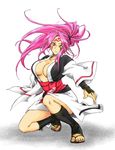  ahomira armor baiken breasts cleavage guilty_gear japanese_armor japanese_clothes kimono kote large_breasts leg_warmers obi one-eyed open_clothes open_kimono pink_eyes pink_hair ponytail sandals sash scar scar_across_eye solo squatting tattoo toeless_legwear 
