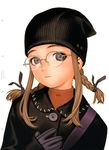  absurdres beanie black_hat black_jacket black_ribbon blue_eyes braid brown_hair buttons closed_mouth coat form_code glasses gloves grey_gloves hair_ribbon hand_on_own_chest hat head_tilt highres jacket looking_at_viewer medium_hair murata_renji over-rim_eyewear ribbon scan semi-rimless_eyewear sidelocks simple_background solo stitches turtleneck twin_braids twintails upper_body white_background 
