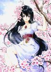  absurdres black_hair branch cherry_blossoms copyright_request dress flower highres jewelry long_hair necklace purple_eyes scan shiitake_(gensoudou) short_sleeves sitting solo white_dress 