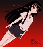  bangs black_hair blunt_bangs dutch_angle enma_ai gym_uniform hime_cut jigoku_shoujo long_hair red_eyes ribbon skirt solo thighhighs yuuichi_(tareme_paradise) 