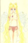  1girl 90s bishoujo_senshi_sailor_moon blonde_hair blue_eyes breasts commentary cowboy_shot double_bun earrings english_commentary jewelry lingerie long_hair medium_breasts nipples non-web_source solo takeuchi_naoko topless tsukino_usagi twintails underwear very_long_hair wings 