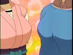  breasts choker comparison fishnets japanese_clothes kimono medium_breasts multiple_girls ninin_ga_shinobuden ninja obi sash screencap shinobu shiranui_kaede short_kimono sweater 