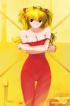  blonde_hair blue_eyes breasts cleavage highres kobayashi_yuuji long_hair medium_breasts neon_genesis_evangelion nipple_slip nipples signature solo souryuu_asuka_langley thigh_gap undressing unitard 