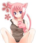  animal_ears bare_shoulders bottomless camisole cat_ears cat_tail gloves kubyou_azami original out-of-frame_censoring paw_gloves paws pink_hair purple_eyes shirt short_hair solo strap_slip tail taut_clothes taut_shirt 