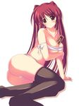  arm_support between_breasts black_legwear blush bra breasts brown_eyes gift_between_breasts kisaki_yuu kousaka_tamaki lingerie long_hair lying on_side panties red_hair solo thighhighs to_heart_2 underwear valentine white_panties 