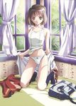  backpack bag bed bedroom brown_eyes brown_hair camisole kameyama_hitomi lingerie panties rin-sin school_uniform shin_seiki_inma_seiden short_hair solo underwear undressing 