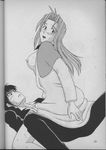  1girl artist_request blush breasts clothed_sex cowgirl_position from_behind girl_on_top greyscale hetero large_breasts long_sleeves milly_thompson monochrome nicholas_d_wolfwood scan sex straddling surprised trigun vaginal 