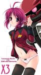  antenna_hair black_legwear blush bow bow_panties flat_chest glowing glowing_eyes gundam gundam_seed gundam_seed_destiny leaning_forward long_sleeves lunamaria_hawke mecha military military_uniform miyama-zero navel no_pants non-web_source panties pink_hair purple_eyes short_hair smile solo standing thighhighs turtleneck underwear uniform white_panties zaku zaku_warrior_lunamaria_custom 