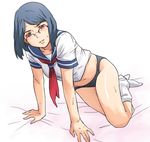  arm_support black_hair black_panties brown_eyes copyright_request glasses hands minato_fumi no_pants panties school_uniform serafuku short_hair sitting socks solo underwear 