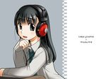  black_eyes black_hair blush cable chin_rest collared_shirt copyright_name desk headphone_+_musume headphones long_sleeves looking_at_viewer necktie otakubeam shirt simple_background solo table upper_body 