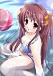  ball beachball bikini brown_eyes brown_hair copyright_request hair_ribbon jpeg_artifacts long_hair mikeou ribbon solo swimsuit twintails water 