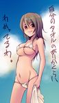  bikini breasts brown_eyes brown_hair copyright_request day large_breasts solo swimsuit torazou underboob 
