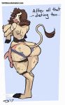  2017 annoyed anthro big_breasts big_butt bovine breasts brown_hair butt cattle clenched_teeth clothing dialogue female hair hooves lactating mammal milk nipples post_transformation simple_background solo standing tail-blazer teats teeth torn_clothing udders underwear wide_hips 