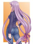  ass denim fate/stay_night fate_(series) glasses hand_on_hip hida_tatsuo jeans long_hair long_sleeves looking_back low-tied_long_hair pants purple_hair rider solo very_long_hair 