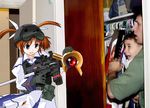  alan_diaz blue_dress brown_hair cowboy_shot dress elian_gonzalez excel_(gewalt) firearm gloves goggles goggles_on_head gun hair_ribbon helmet holster long_sleeves lyrical_nanoha magazine_(weapon) magical_girl mahou_shoujo_lyrical_nanoha open_mouth pocket purple_eyes raising_heart real_life real_life_insert ribbon rod room staff takamachi_nanoha third-party_edit twintails two_side_up wavy_mouth weapon white_devil 