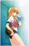  against_wall ass ball bangs basketball basketball_uniform blonde_hair blue_eyes blush border breasts buruma clothes_writing cowboy_shot crop_top double_vertical_stripe from_side gym_uniform hair_between_eyes hair_tie highres holding jersey karen_(artist) long_hair looking_afar nanaogi_kyouka number official_art parted_lips scan shirt short_sleeves small_breasts solo sportswear standing sweat t-shirt tank_top thighs towel twintails yoru_ga_kuru! 