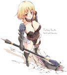  axe between_breasts blonde_hair boots breasts cleavage detached_sleeves face fantasy_earth full_body gauntlets kyo_(kuroichigo) large_breasts polearm red_eyes short_hair simple_background solo warrior_(fantasy_earth) weapon 